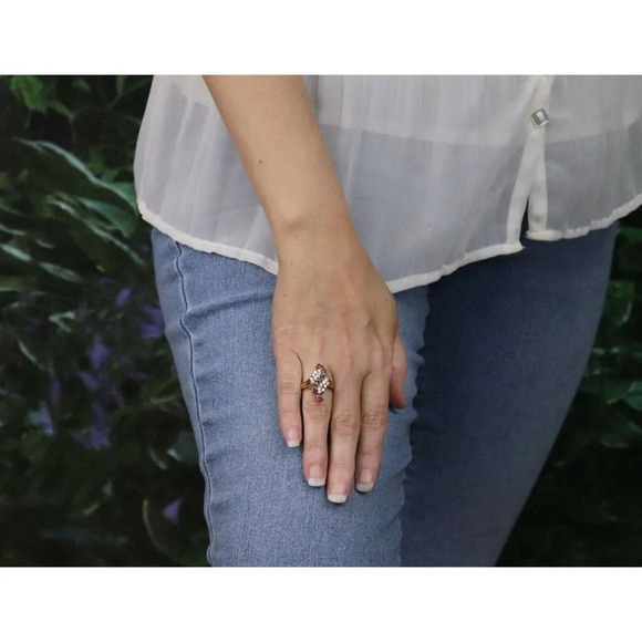 10k Yellow Gold Natural Ruby and Diamond Ring Size 6 3/4 Cluster Ring Waterfall - Picture 4 of 9